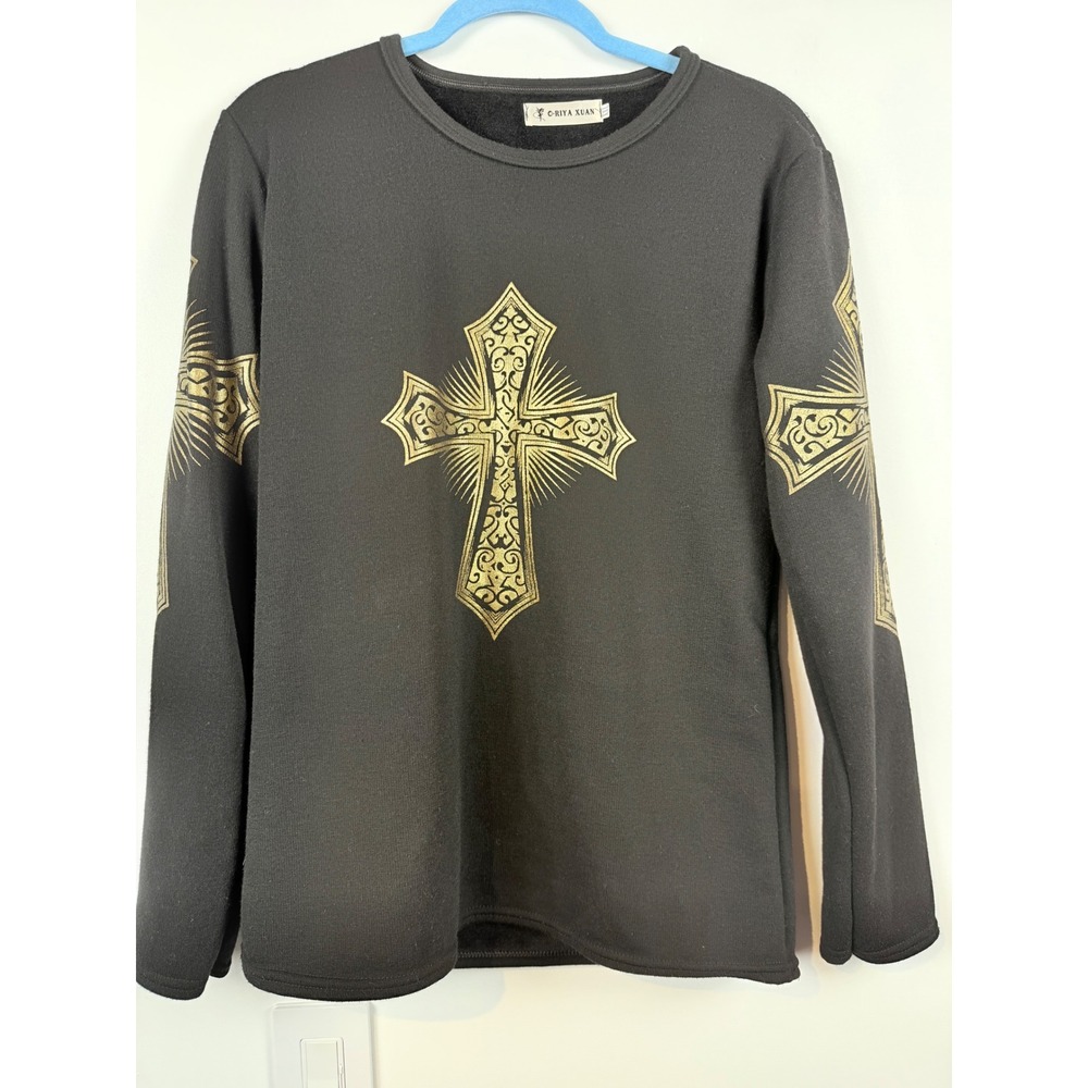O-RIYA XUAN Mens XXL Black Gold Gothic Cross Graphic Fleece Sweatshirt Crewneck
